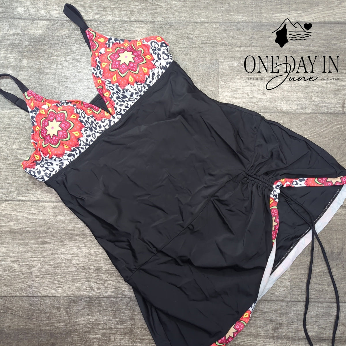 Aleumdr Black Floral Print One Piece Swimdress Swimsuit Ruched NWT Size XL