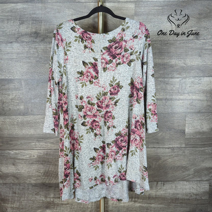 Altar'd State Floral Sweater Dress Gray Pink Rose Print Long Sleeve Size L