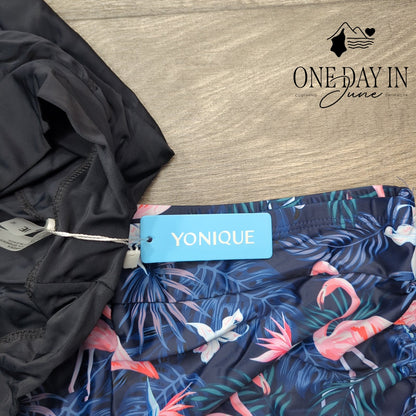 Yonique Blouson Tankini Swimsuit Black Flamingo Print Boyshorts NWT Size XL