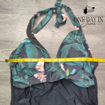 Suuksess Halter Cross Front One Piece Swimsuit Tropical Black Green Size L