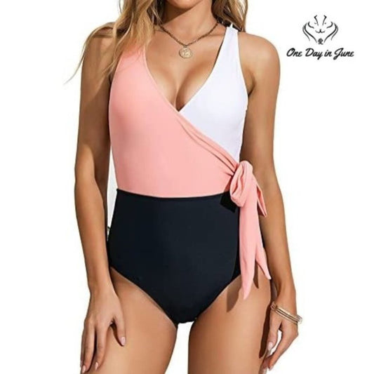 Felnart V Neck Color Block Wrap One Piece Swimsuit Size M