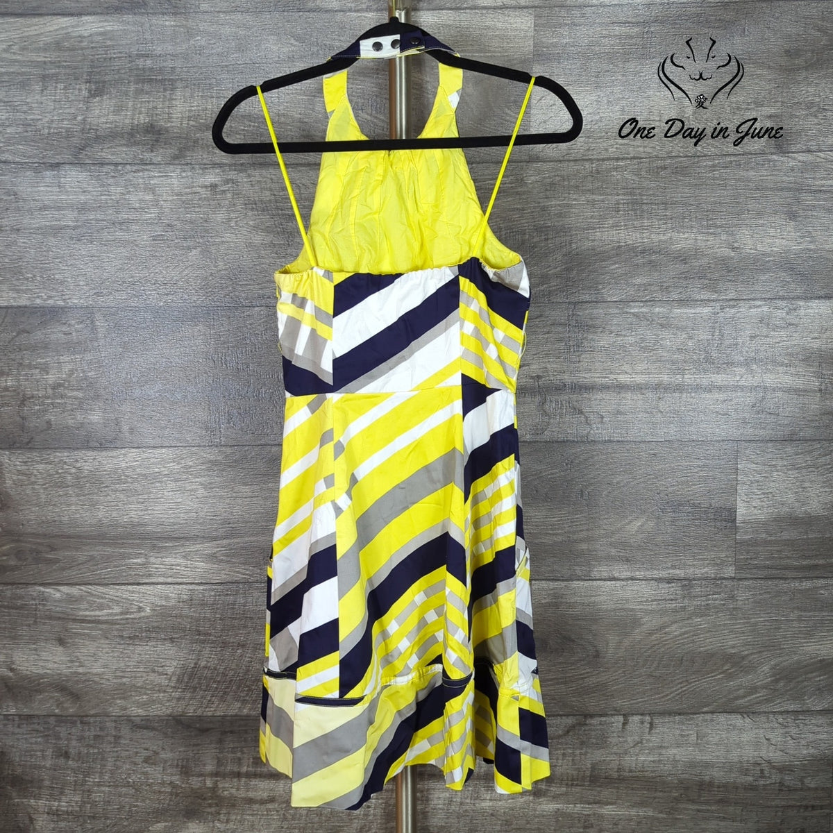Jessica Simpson Halter Dress Yellow Navy Striped Handkerchief Hem NWT Size 6