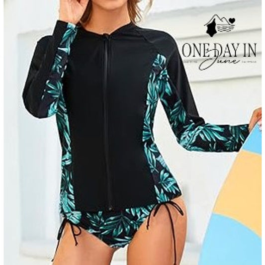 Jasambac Cross Front High Waist Rash Guard 3 Piece Bikini Swimsuit Size L