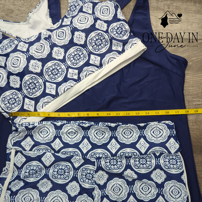 Aleumdr 3 Piece Tankini Swimsuit Navy Blue Print Boyshorts NWT Size XL