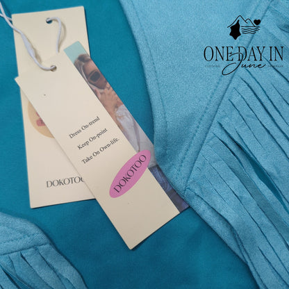 Dokotoo Faux Suede Fringe Tassel Vest Turquoise Blue Western Boho NWT Size S