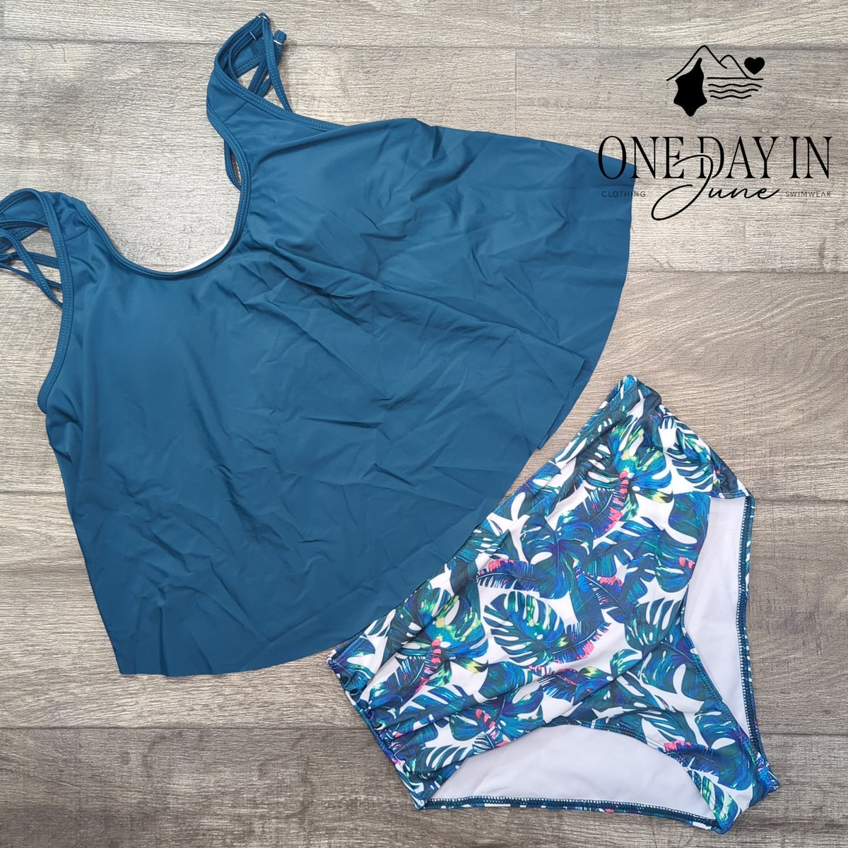 Adisputent Flounce Tankini High Waist Tropical Bikini Swimsuit Teal NWT Size XL