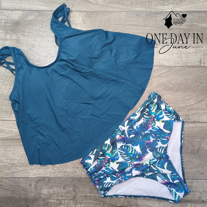 Adisputent Flounce Tankini High Waist Tropical Bikini Swimsuit Teal NWT Size XL