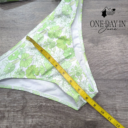 Aleumdr Floral Print Bikini Set Green White Ruched Tie Front 2 Piece Size S