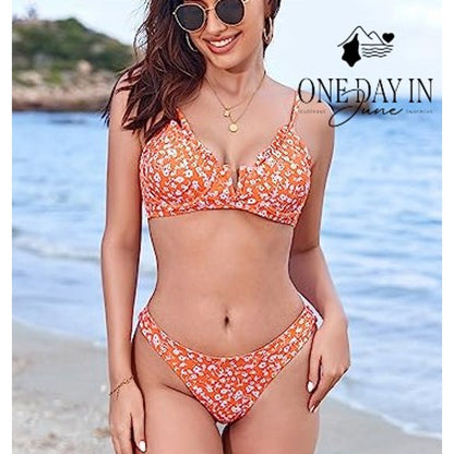 Zaful Floral Underwire Bikini Set Orange White Tie Back High Cut NWT Size L
