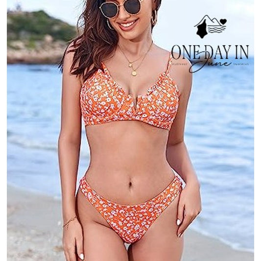 Zaful Floral Underwire Bikini Set Orange White Tie Back High Cut NWT Size L