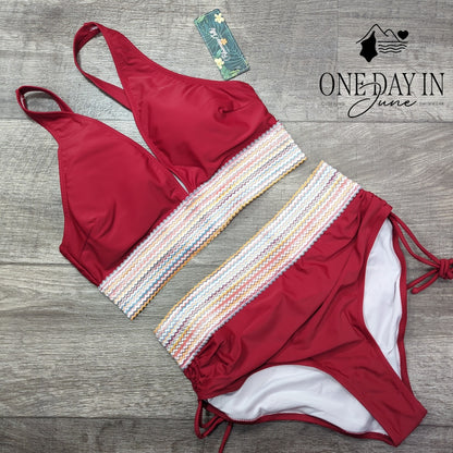 Blooming Jelly Embroidered Band Ruched Tie Side Bikini Swimsuit Size L