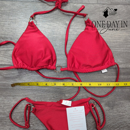 Miketai Triangle Thong Bikini Swimsuit Red Gold O-Ring NWT Size S