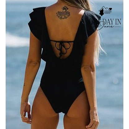 Sporlike Womens Ruffle Shoulder Deep V One Piece Swimsuit Black NWT Size M