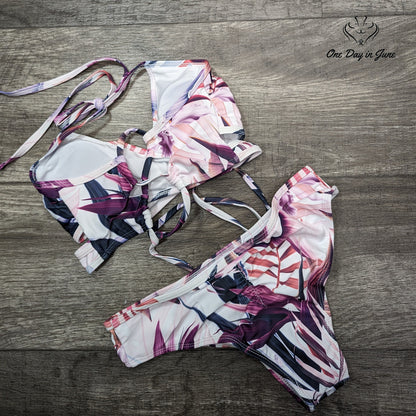 Gakau Floral Criss Cross Lace Up Bikini Swimsuit Size S