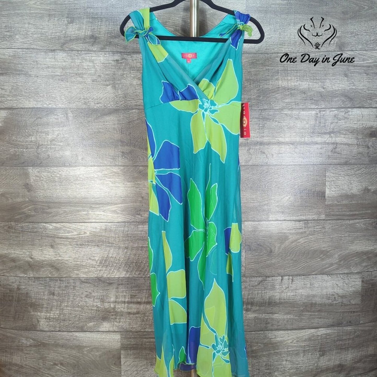 Sangria Floral Maxi Dress Turquoise Green Blue V Neck Tie Strap NWT Size 12