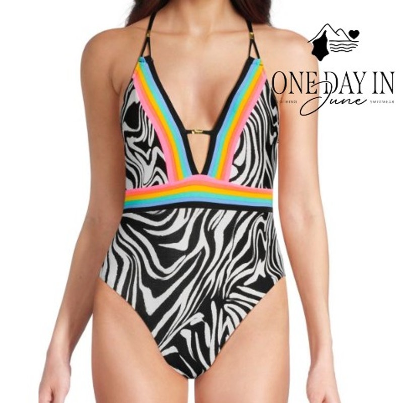 Sunshine 79 Deep V Plunge Zebra Rainbow One Piece Swimsuit NWT $162 Size 10
