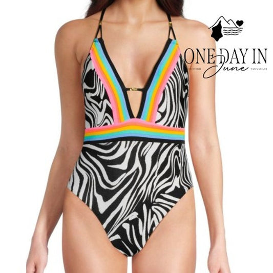 Sunshine 79 Deep V Plunge Zebra Rainbow One Piece Swimsuit NWT $162 Size 10