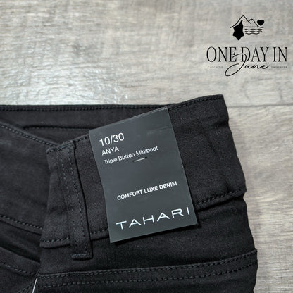 Tahari Anya Jeans Black Triple Button Mini Boot Stretch NWT Size 10 (30)
