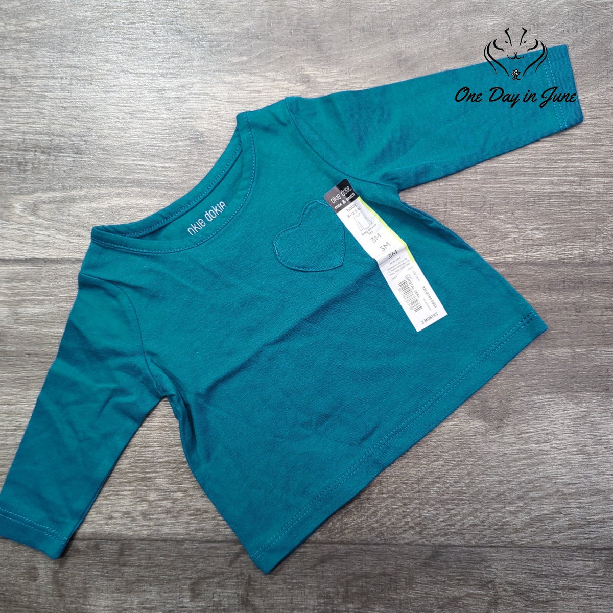 Okie Dokie Baby Long Sleeve Tee Crystal Teal Heart Pocket NWT Size 3M