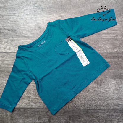 Okie Dokie Baby Long Sleeve Tee Crystal Teal Heart Pocket NWT Size 3M