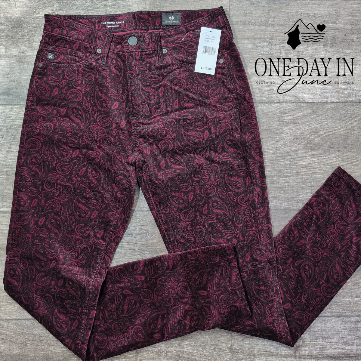 AG Adriano Goldschmied Prima Ankle Velveteen Jeans Burgundy Paisley NWT Size 4