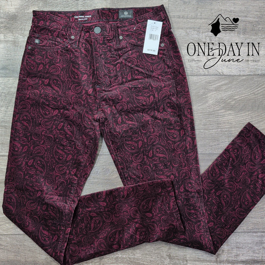 AG Adriano Goldschmied Prima Ankle Velveteen Jeans Burgundy Paisley NWT Size 4