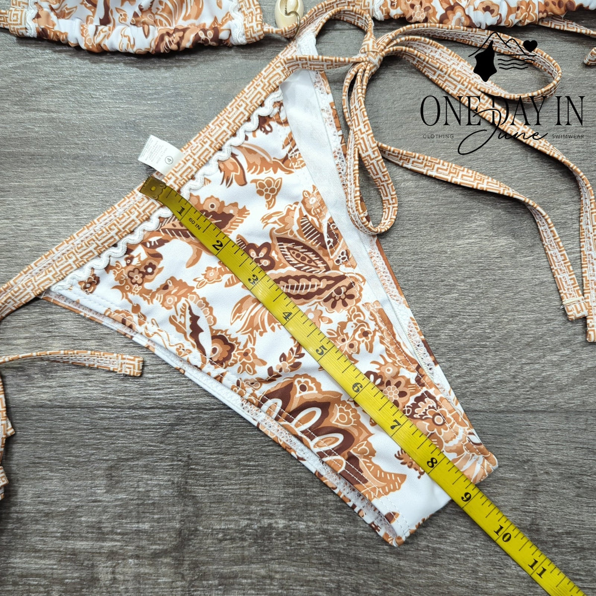 Aleumdr Triangle Tie Side Bikini Swimsuit Brown Floral 2 Piece Size XS