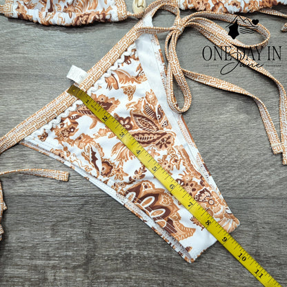 Aleumdr Triangle Tie Side Bikini Swimsuit Brown Floral 2 Piece Size XS