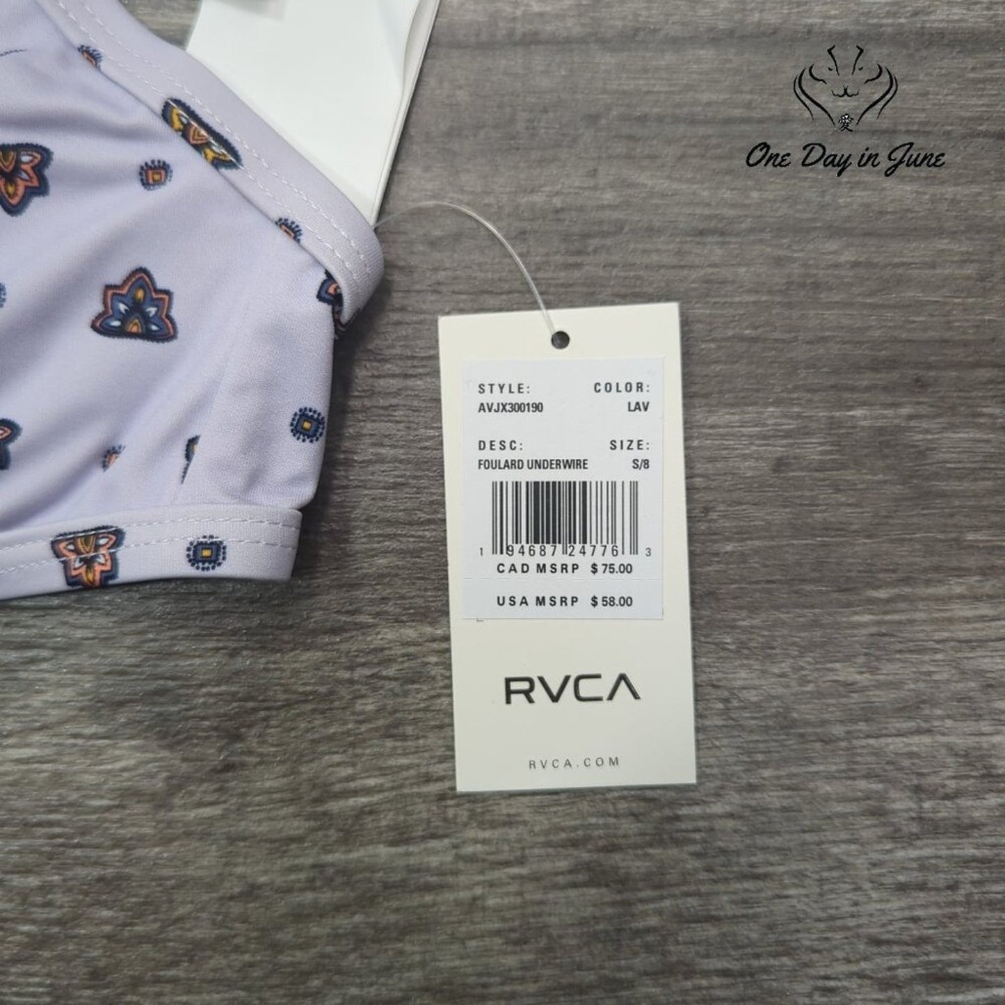 RVCA Foulard Underwire Bikini Top Lavender Geometric Bralette NWT Size S