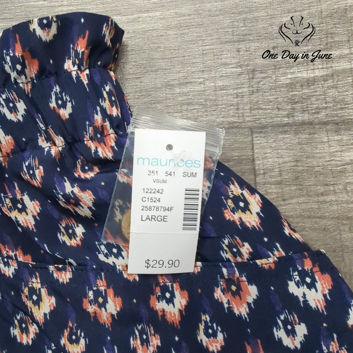 Maurices Pull On Skirt Navy Ikat Print Border Hem Button Detail NWT Size L