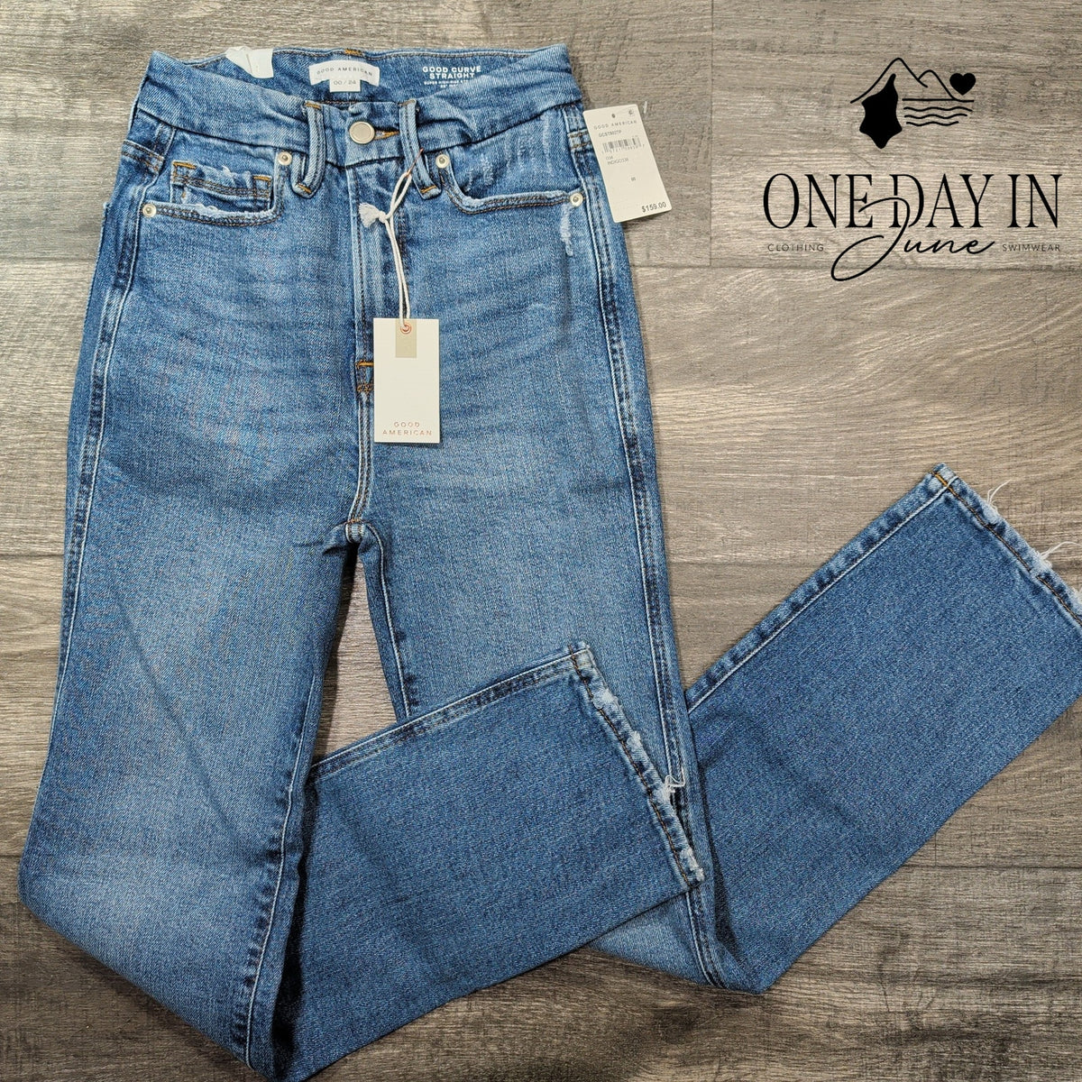Good American Good Curve Straight Jeans Indigo338 Distressed NWT Size 00