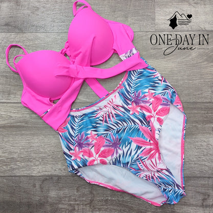 Adisputent Tropical Floral Cross Front Cutout One Piece Swimsuit Pink Size L