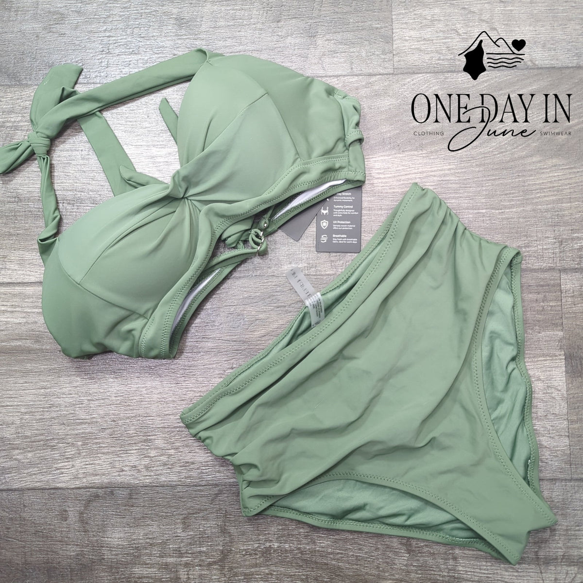 Tempt Me Cross Front High Waisted Bikini Swimsuit Sage Green NWT Size M
