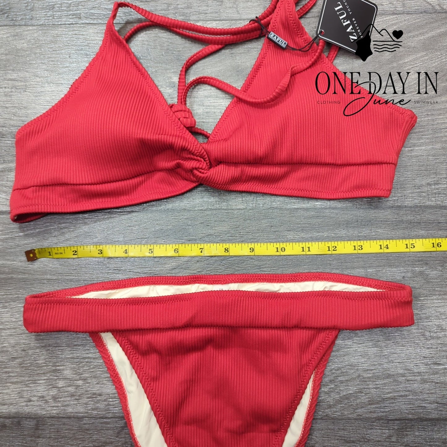 Zaful Ribbed Bikini Swimsuit Red High Cut Knot Strappy Two Piece NWT Size L
