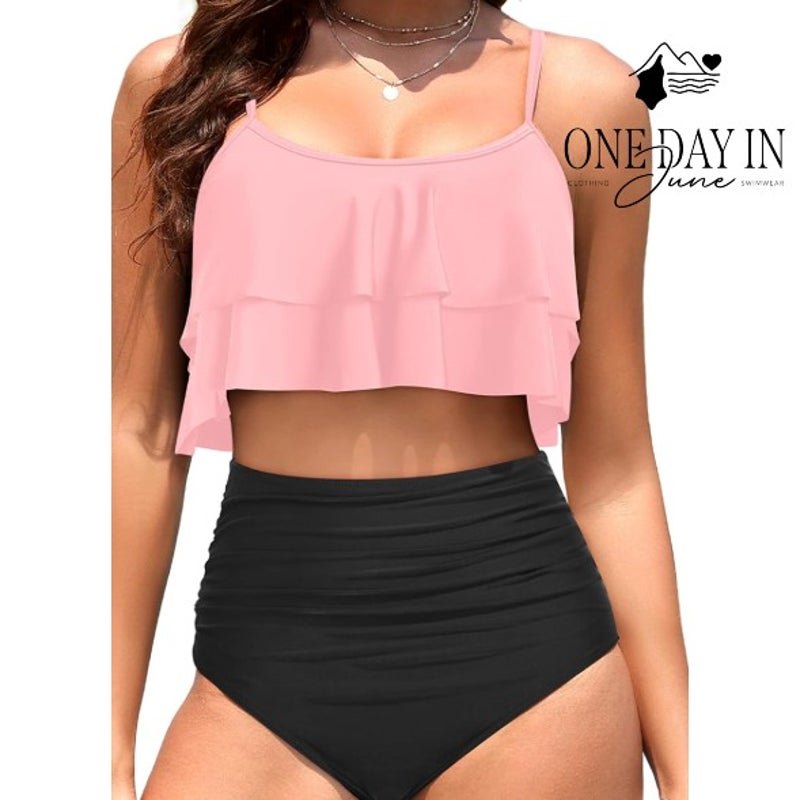 Tempt Me Ruffle Flounce Bikini Swimsuit Pink Black High Waisted NWT Size M