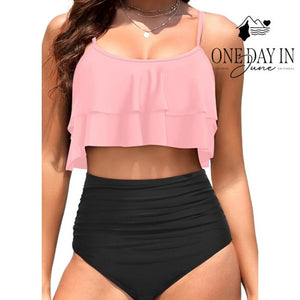 Tempt Me Ruffle Flounce Bikini Swimsuit Pink Black High Waisted NWT Size M
