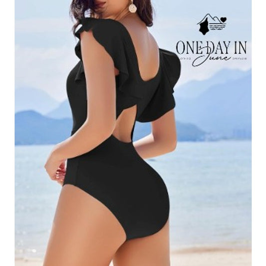 Aimage One Piece Swimsuit Black Ruffle Keyhole Cutout Padded NWT Size XL