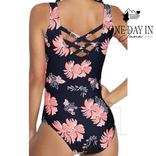 Zando Floral Cross Back One Piece Swimsuit Black Pink Tropical Size S