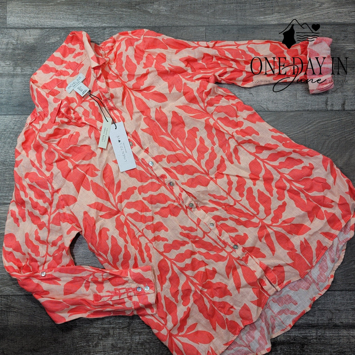 Rachel Zoe 100% Linen Tropical Floral Button Down Shirt Coral NWT Size L