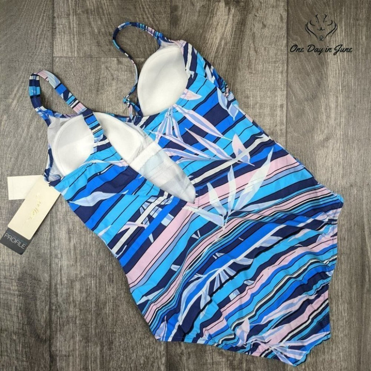 Gottex Palm Beach V Neck One Piece Swimsuit Blue Tropical NWT Size 10