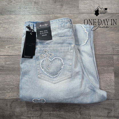 Miss Me Aryanna Heart Cross Slim Wide Leg Jeans Light Wash NWT Size 16 (33X30)