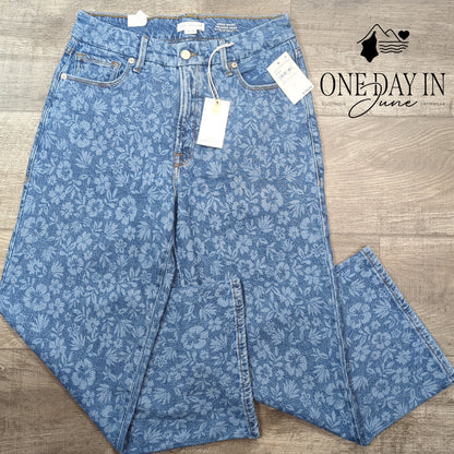 Good American Good Waist Palazzo Crop Jeans Floral Hibiscus Bloom NWT Size 8