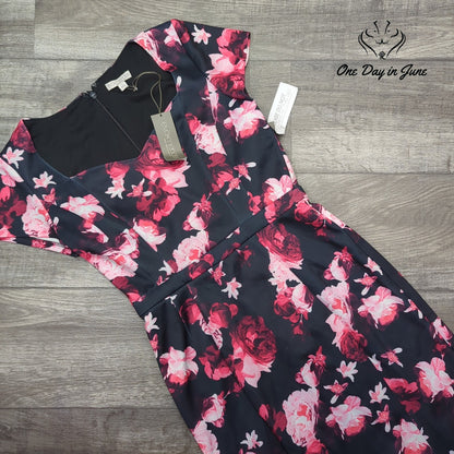 Eva Mendes NY&C Floral Cap Sleeve Midi Sheath Dress Navy Pink NWT Size 8