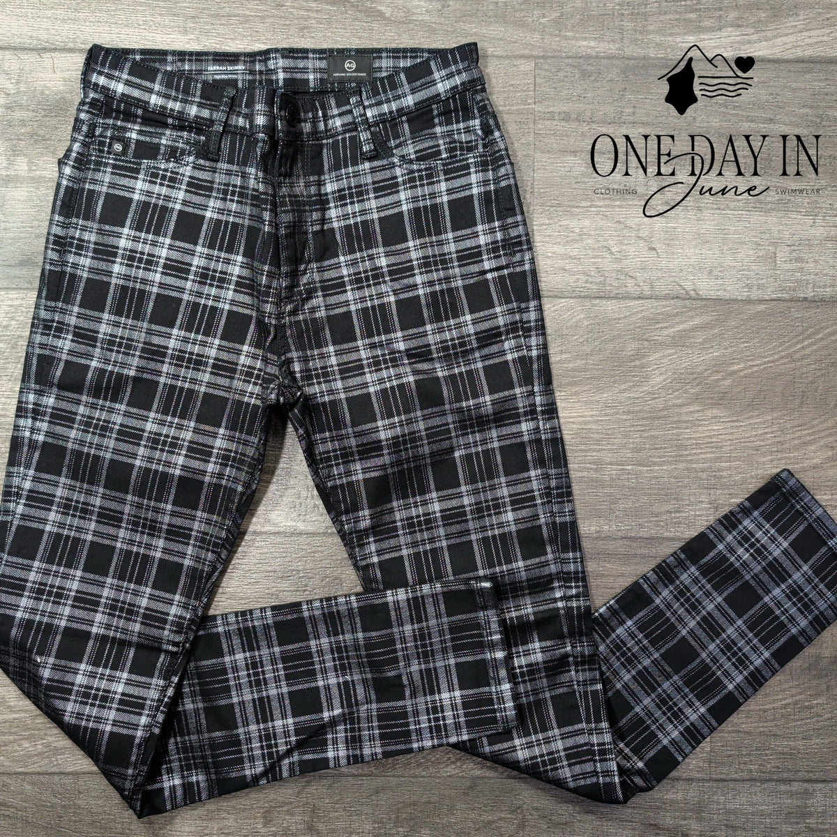 AG Adriano Goldschmied Farrah High Rise Skinny Jeans Black Plaid Size 2 (26)