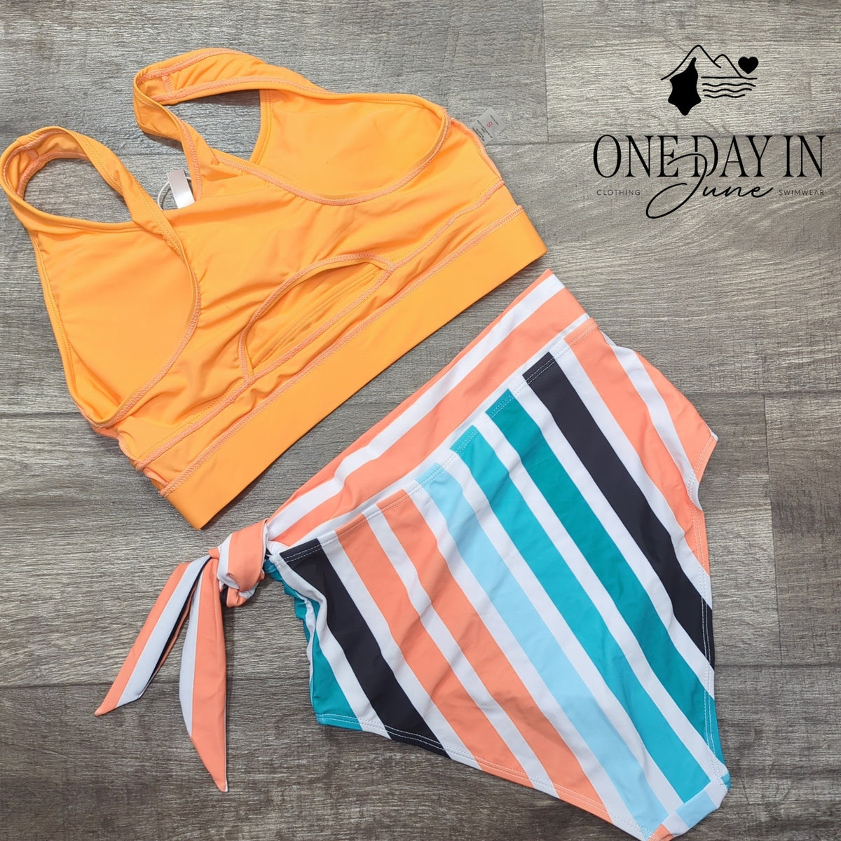 Dokotoo Orange Crop Top High Waist Striped Tie Side Bikini Swimsuit NWT Size S