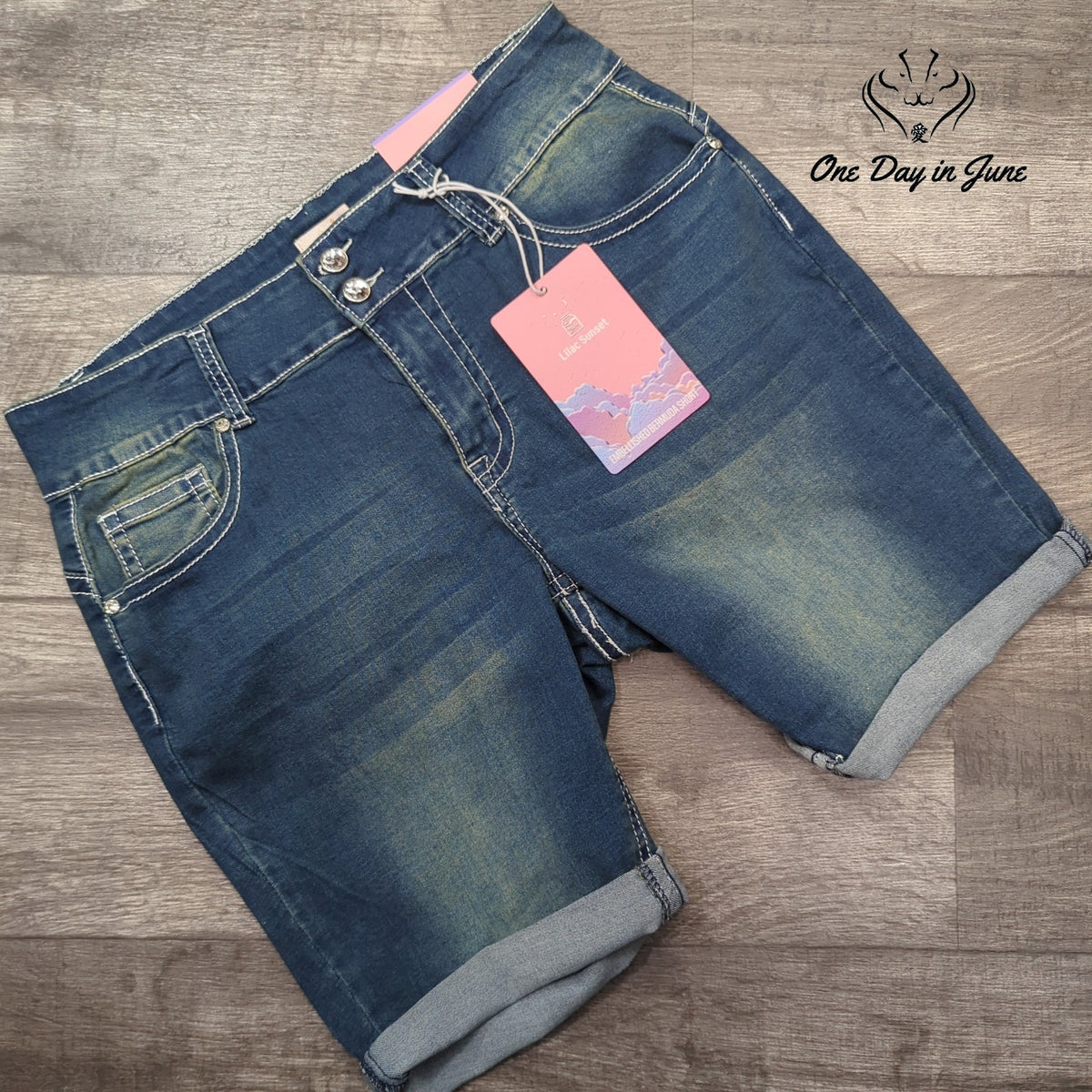 Lilac Sunset Embellished Bermuda Denim Shorts Blue NWT Size 16