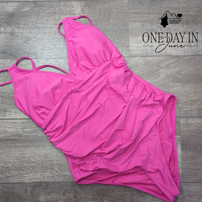 Cocopear V Neck Cross Back Ruched One Piece Swimsuit Hot Pink NWT Size XL