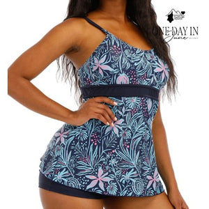 Zando Floral Tankini Swimsuit Boyshorts Navy Blue 2 Piece Size XL