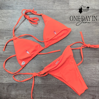 CharmLeaks Triangle Tie Side Bikini Swimsuit Neon Orange Coral Size M