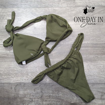 CharmLeaks Adjustable Triangle Tie Back Bikini Swimsuit Olive Green NWT Size L